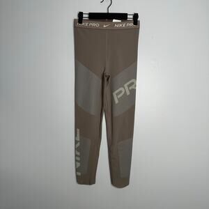 Nike Pro Dri-FIT Women's Tan Tight Fit High Rise 7/8 Length Logo Leggings Size S